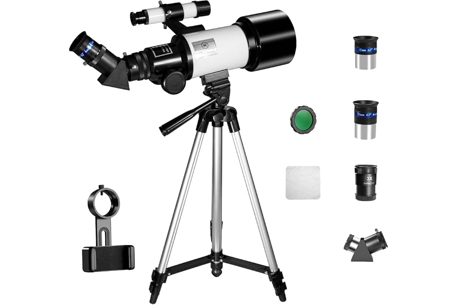 WOSPORTS 70mm 300mm Refractor Telescope, 3X Barlow, Phone Adapter | Finder Scope, Moon Filter, Adjustable Aluminum Tripod, Portable Astronomy Telescope for Beginners