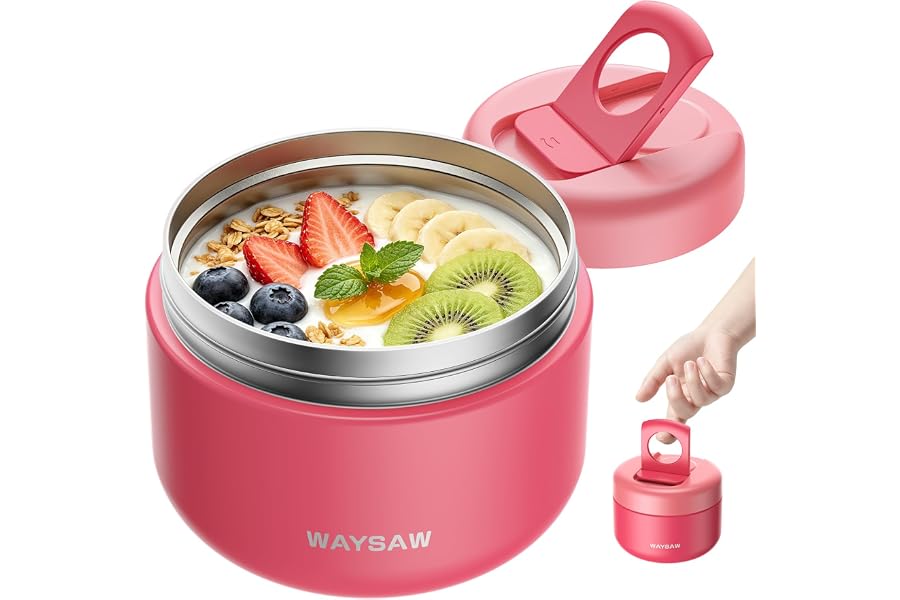 Waysaw 14 oz Kids Thermo for Hot Food, Leakproof Insulated Vacuum Jar/Pink | 316 stainless steel wide mouth buckle lid BPA fr
