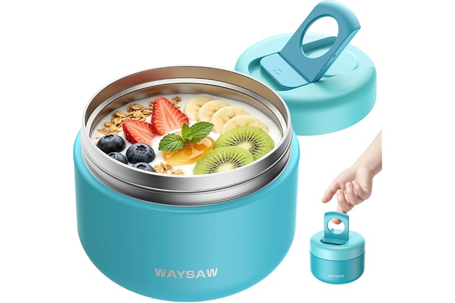 Waysaw 14 oz Kids Thermo for Hot Food, Leakproof Insulated Vacuum Jar/Blue | 316 stainless steel wide mouth buckle lid BPA fr