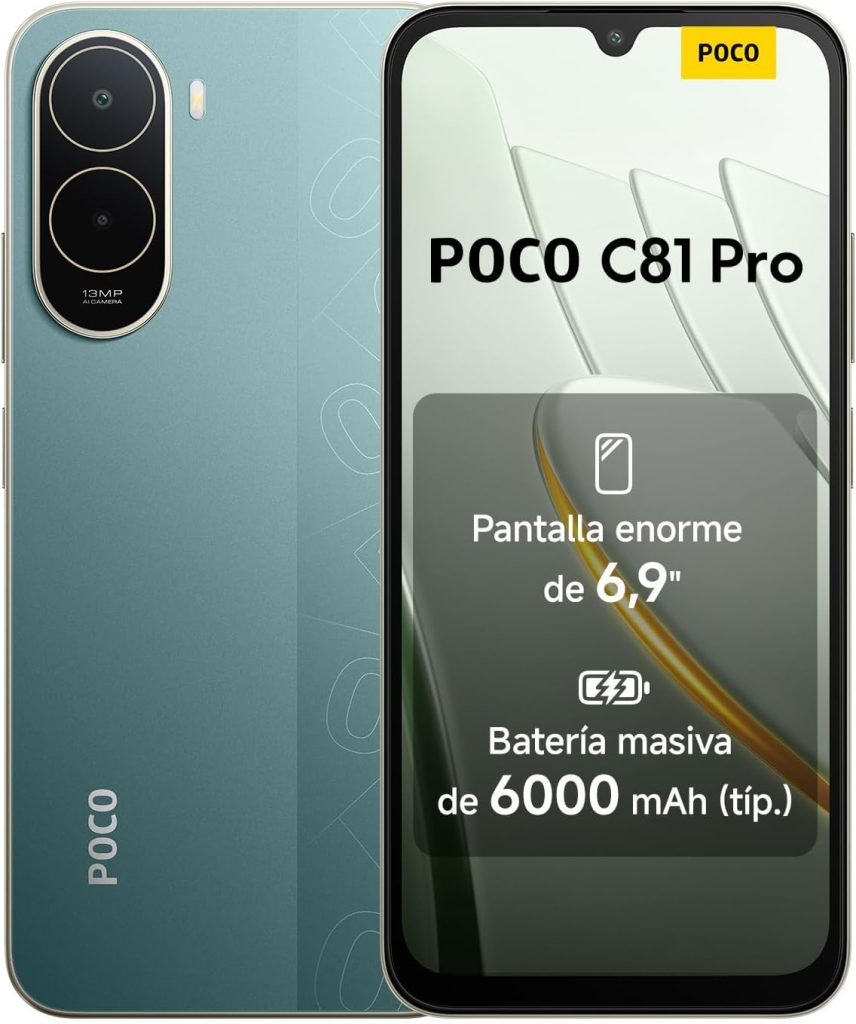 XIAOMI POCO C81 Pro Smartphone 4+128 GB Verde Batería de 6000 mAh | Pantalla inmersiva de 6,9", Teléfono con diseño elegante y refinado, Cámara dual AI de 13 MP, 1 año de garantía adicional