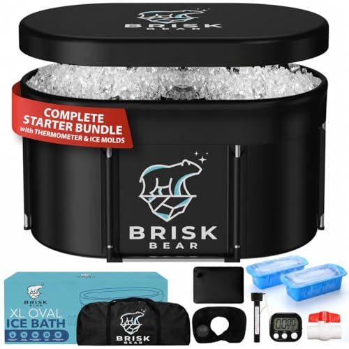 XL Oval Ice Bath Tub for Athletes with Cover by Brisk Bear - Extra Large Cold Plunge Tub for Recovery - Ice Tub with Digital Timer, Thermometer & Reusable Ice Molds - Cold Plunge to Soothe Muscles