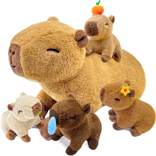 YUNCOL Capybara Plush，Cute Capybara Mommy Stuffed Animal with 4 Baby Capybara Plushies in Tummy，Kawaii Capybara Plush Toy Gift for Kids Girls Boys