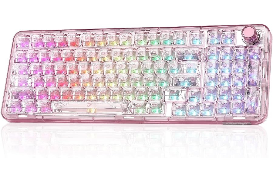 YUNZII X98 Clear Wireless Mechanical Keyboard with Knob (Pink, Snow Switch) | BT5.0/USB-C/2.4GHz,1800 Layout with Number Pad,