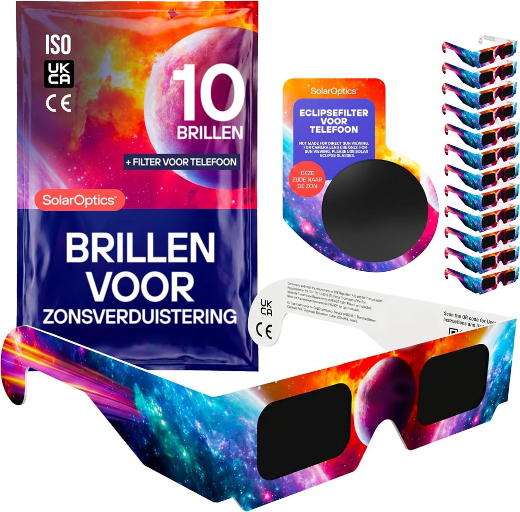 Zonsverduisteringsbrillen 10-pack met 1 smartphonefilter – ISO 12312-2 en CE-gecertificeerd, AAS 2026, complete set voor het observeren en fotograferen van de zonsverduistering
