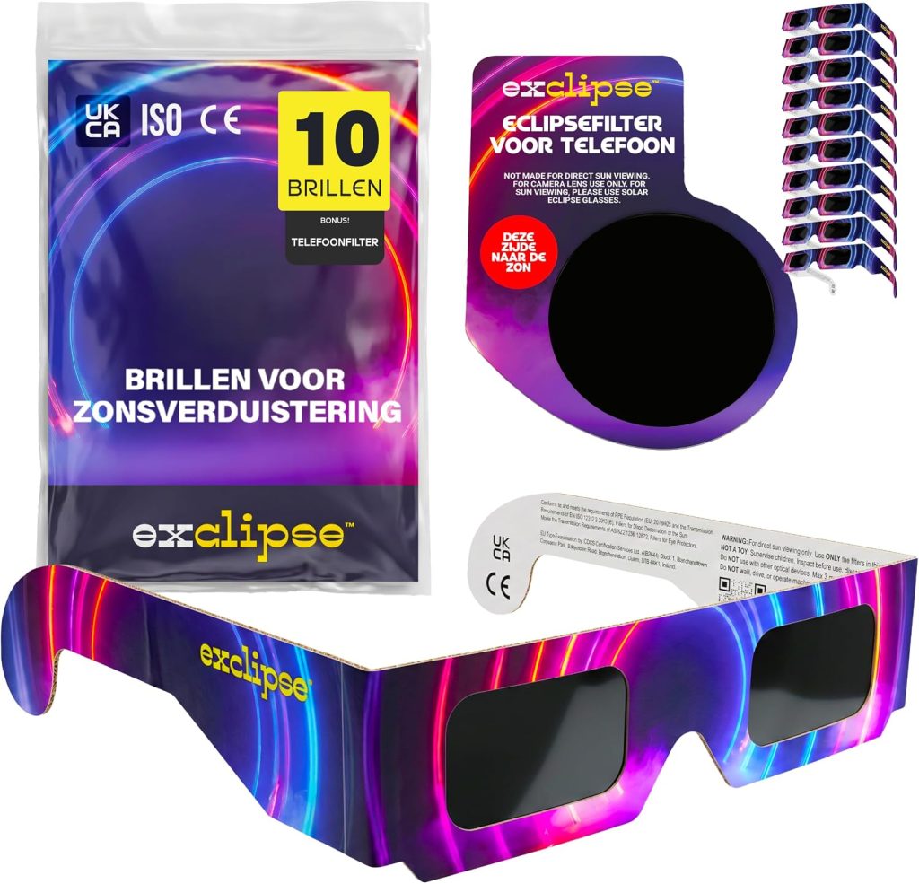 Zonsverduisteringsbrillen 10-pack met 1 smartphonefilter – ISO 12312-2 en CE & UKCA-gecertificeerd, AAS 2026, complete set voor het observeren en fotograferen van de zonsverduistering