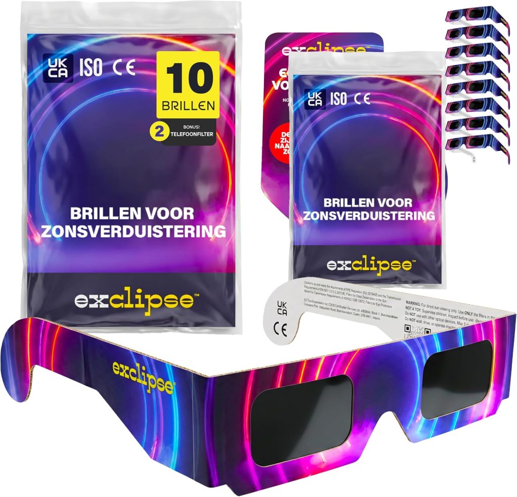 Zonsverduisteringsbrillen 10-pack met 2 smartphonefilters – ISO 12312-2 en CE & UKCA-gecertificeerd, AAS 2026, complete set voor het observeren en fotograferen van de zonsverduistering