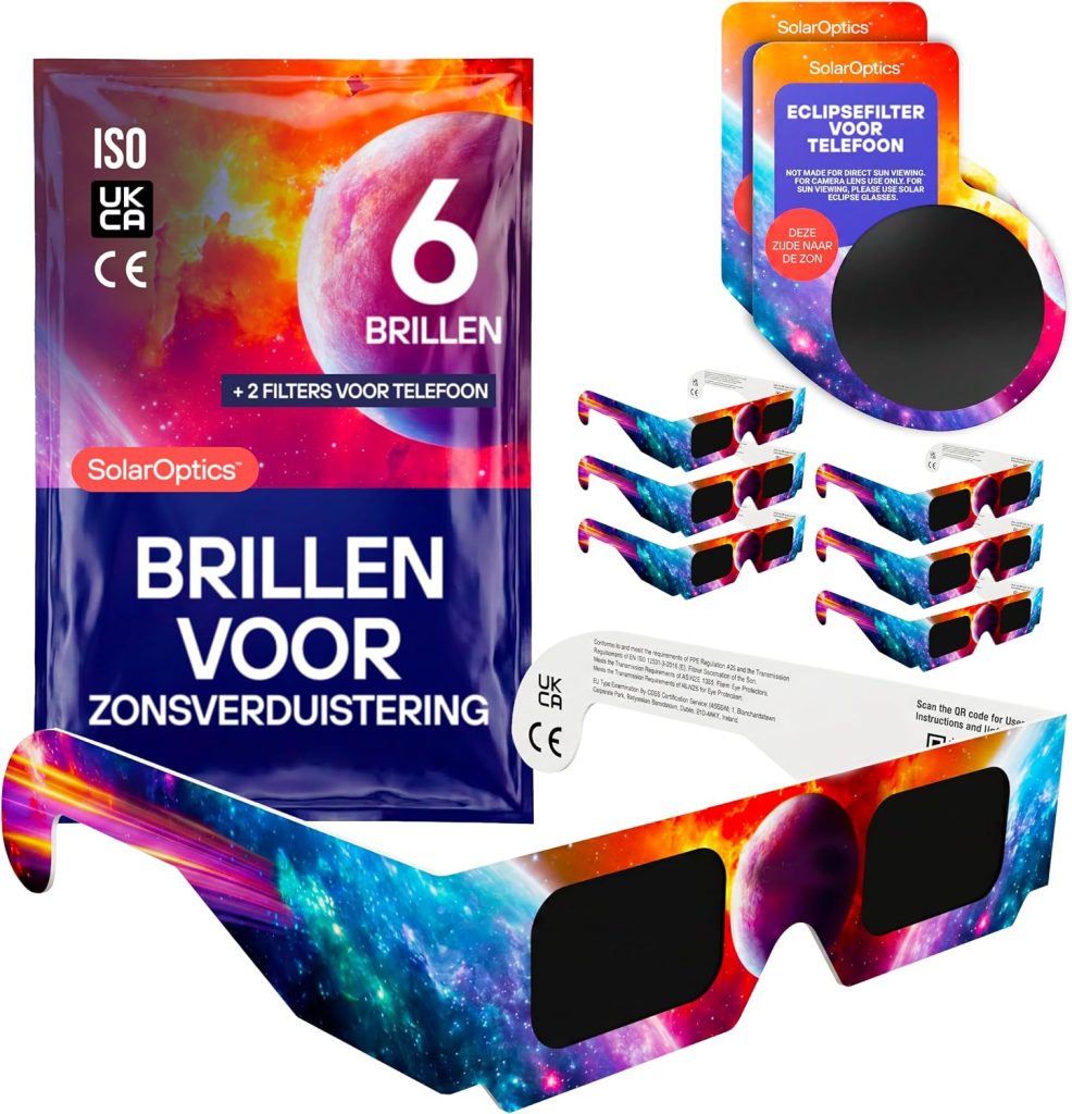 Zonsverduisteringsbrillen 6-pack met 2 smartphonefilters – ISO 12312-2 en CE-gecertificeerd, AAS 2026, complete set voor het observeren en fotograferen van de zonsverduistering