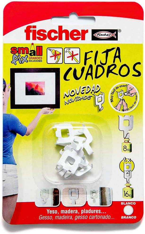 fischer - Fija Cuadros | Ganchos Reutilizables sin Agujeros | hasta 8 Kg de Carga | Ideal para Yeso, Cartón y Madera | Montaje Fácil sin Herramientas | 8 uds | Blanco