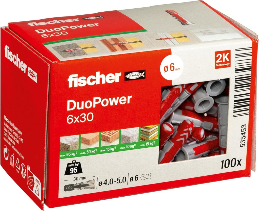 fischer - Tacos DUOPOWER 6x30 mm | Caja de Tacos Universales Bicolor | Nylon de 2 Componentes para Fijaciones en Hormigón, Ladrillo, Piedra y Cartón Yeso | 100 uds