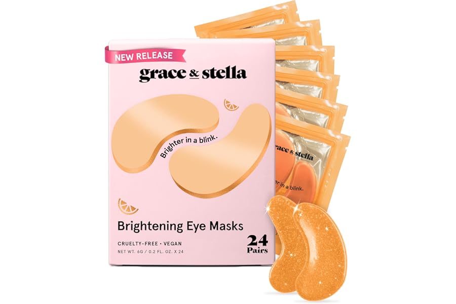 grace & stella New Brightening Eye Patches for Dark Circles (24 Pairs) - Vitamin C Under Eye Patches for Puffiness - Perfect Gifts for Women & Morning Skin Care Routine, Vegan Cruelty Free