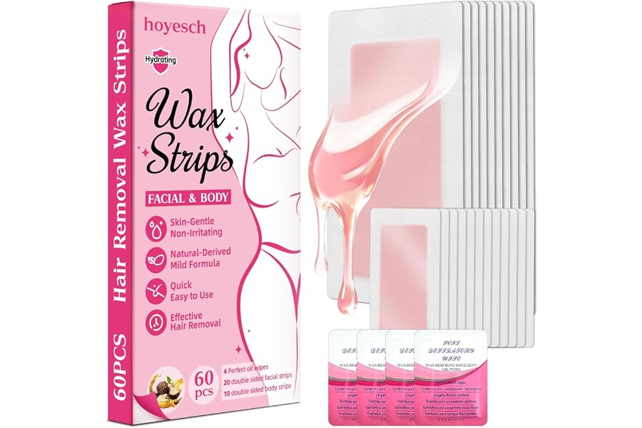 hoyesch 60PCS Wax Strips - 40 Facial & 20 Body Waxing Kit for Women | Wax Strips for Face, Eyebrow, Body, Arms, Legs, Chest, Back, Bikini/Brazilian Waxing Strips & 4 Calming Oil Wipes, Rose