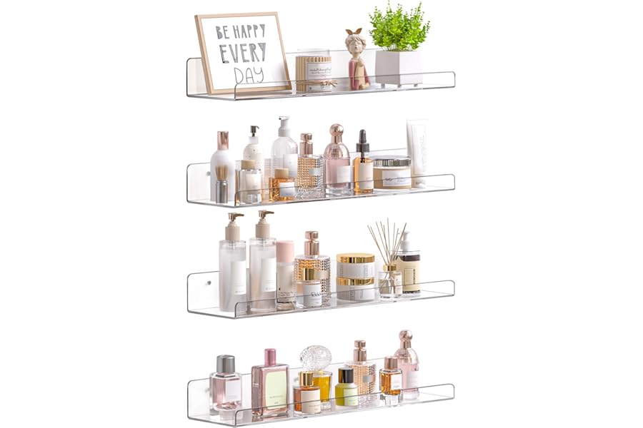 upsimples 4 Pcs 15" Acrylic Shelves for Wall Storage and Organizer, Clear | Transparent Design Highlights Skincare, Perfume,