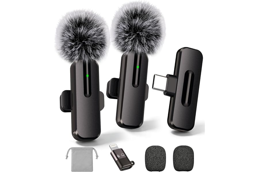 wedaniya Wireless Lavalier Mini Microphone for iPhone, Android, 2 Pack Clip on Mini Mic with USB-C & Lightning, 2-in-1 Noise Reduction Lapel Mic for Video Recording, Podcast, Vlogging, YouTube