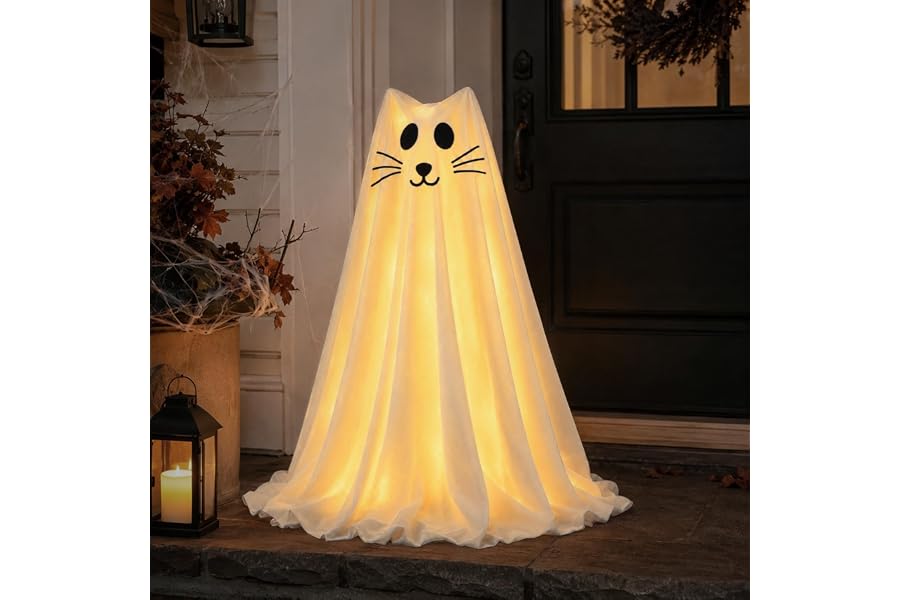 1 Packs Spooky Ghost Halloween Cat Decor Indoor for Birthday Party | Porch and Yard, Glow in the Dark Ghost Decor with Remote Control String Lights Halloween Decorations Outdoor