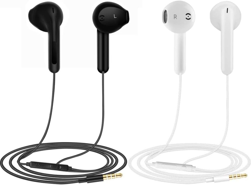 2 Pack Écouteurs, écouteurs Intra-Auriculaires filaires, Casque antibruit avec Microphone, Compatible avec Les tablettes et Ordinateurs Portables Samsung Huawei MP3 Players (Noir + Blanc)