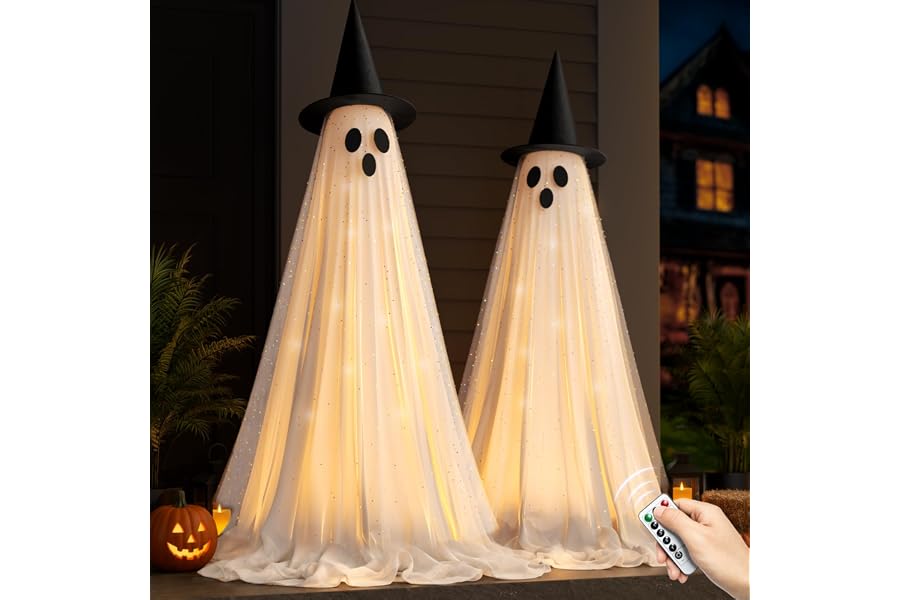 2 Packs 5.5 FT Light Up Ghosts Halloween Decorations Outdoor, Halloween Party Decorations Indoor with Double-Layered Fabric, Remote Control & Timer, Spooky Ghost Decor for Porch Yard Patio Lawn