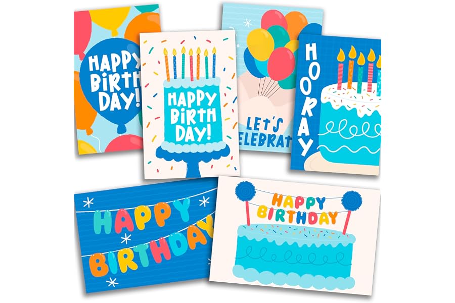 24 Birthday Cards Bulk with Envelopes Happy Birthday Cards Kids & Adults | Blue 6x4 Assorted Birthdays Card for Classroom, Student Gifts from Teacher, Gifts for Office Blank Birthdays Card Pack