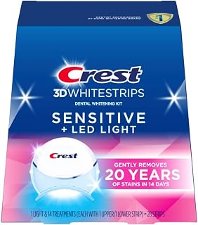 3D Whitestrips Sensitive & Gentle + LED Light – Teeth Whitening Kit, 1 Light + 14 Treatments, Each with 1 Upper/1Lower, 28 Strips – Crest 3DWhite Teeth Whitening Strips