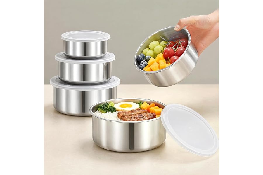 5 Packs Food Storage Containers Set with Lids, Stainless Steel Food Storage Bowls for Kitchen Pantry Refrigerator, Silver