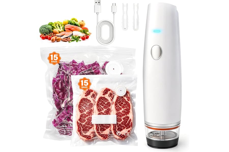 -80kPa Compact Vacuum Sealer for Food (Vacuum Sealer Machine + 30 Reusable Bags), Cordless Handheld Vacuum Sealer Machine Portable Mini Food Sealer for Sous Vide & Meal Prep-White