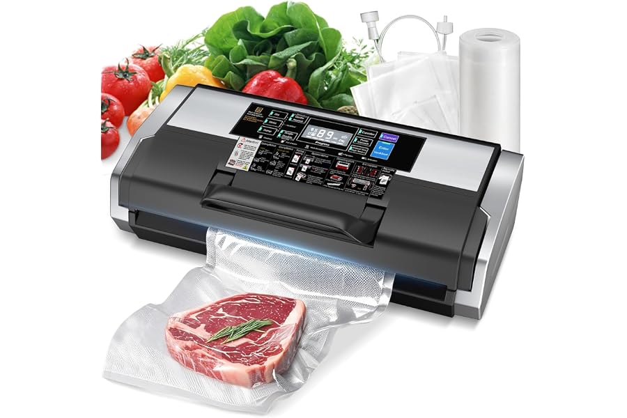 95KPa 10-in-1 Commercial Vacuum Sealer Double Heat Seal Device | Equipped with easy-lock handle, built-in cutter, sealed hose, 1 roll + 15 vacuum bags for food preservation Black Silver