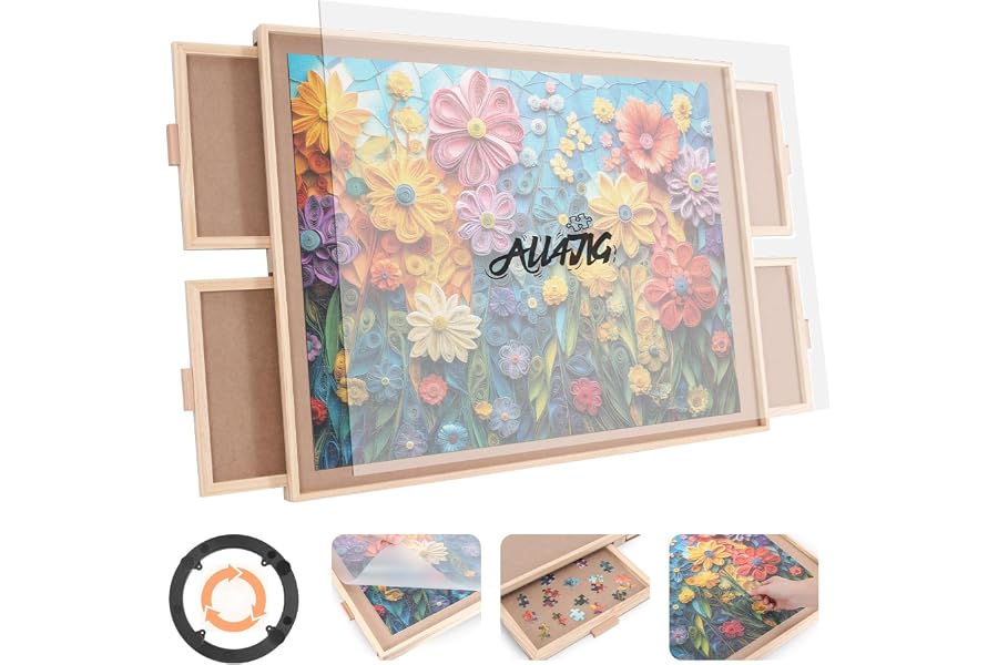 ALL4JIG 1500 Piece Rotating Puzzle Board with 4 Drawer 24.92"x33.58"Portable Wooden Jigsaw Puzzle Table for Adults,Lazy Susan