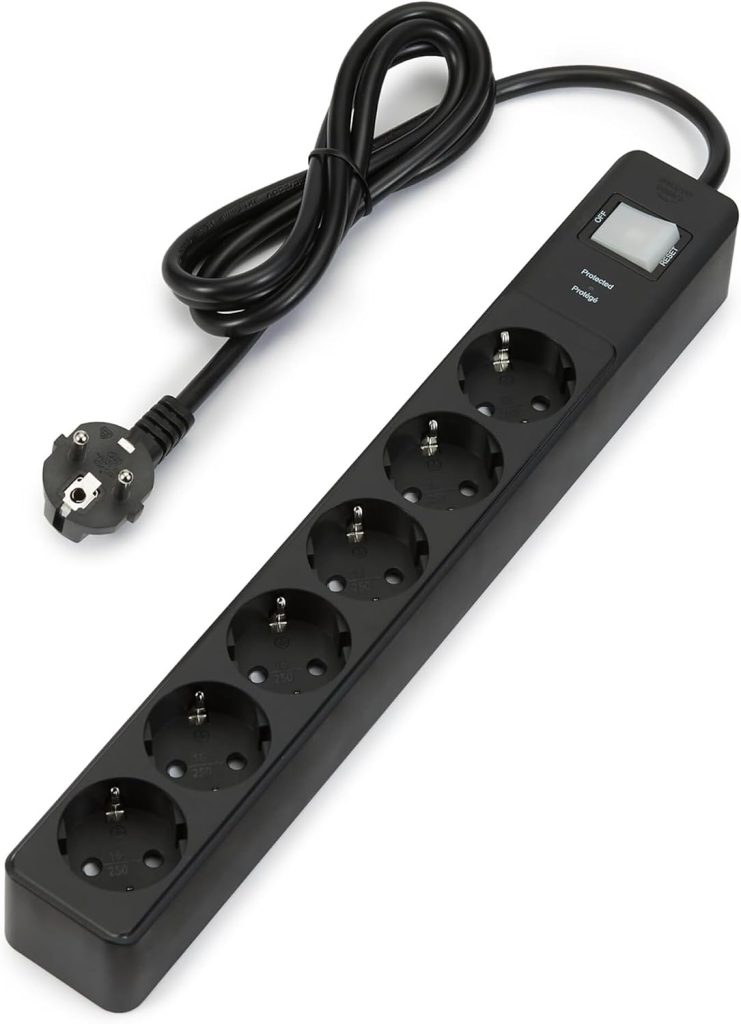 Amazon Basics regleta con 6 tomas y protección contra sobretensiones, extensión de enchufes, tapas de seguridad, cable de 1,4m, 6 enchufes, 600 J, color negro