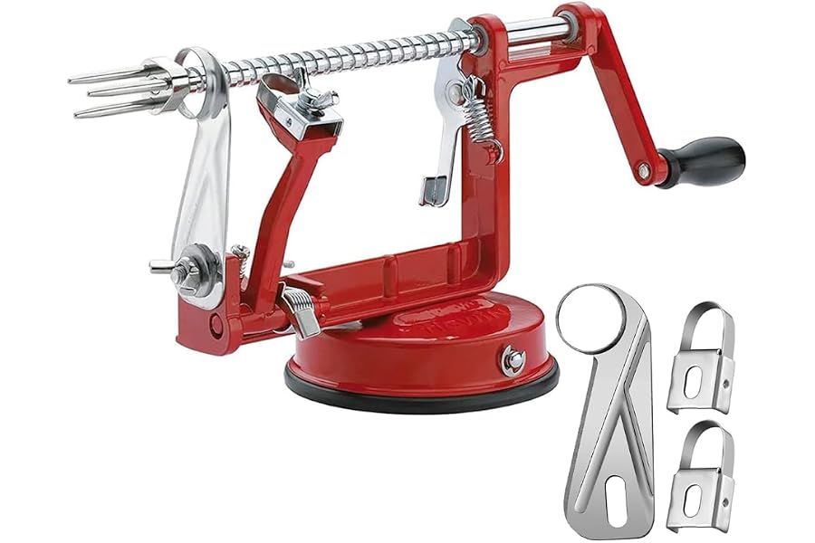 Apple Peeler Corer, Long lasting Chrome Cast Magnesium Alloy Apple Peeler Slicer Corer with Stainless Steel Blades and Powerful Suction Base for Apples and Potato(Red)