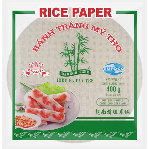 BAMBOO TREE Papel de Arroz 22 cm, Redondo (1 X 400 GR) | Papel de springroll vietnamita premium, 1 paquete de 400 gramos. Ideal para rollitos de primavera y envolturas asiáticas.