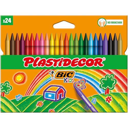 BIC Kids Ceras de Colores para Niños, Óptimo para material escolar,Plastidecor, Colores Vivos Surtidos, Ideal para colorear, 24 Ceras