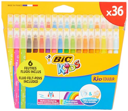 BIC Kids Kid Couleur, Rotuladores Lavables para Niños, Punta Media, Colores Surtidos. Ideales para Actividades Creativas. Estuche de 36 Rotuladores.