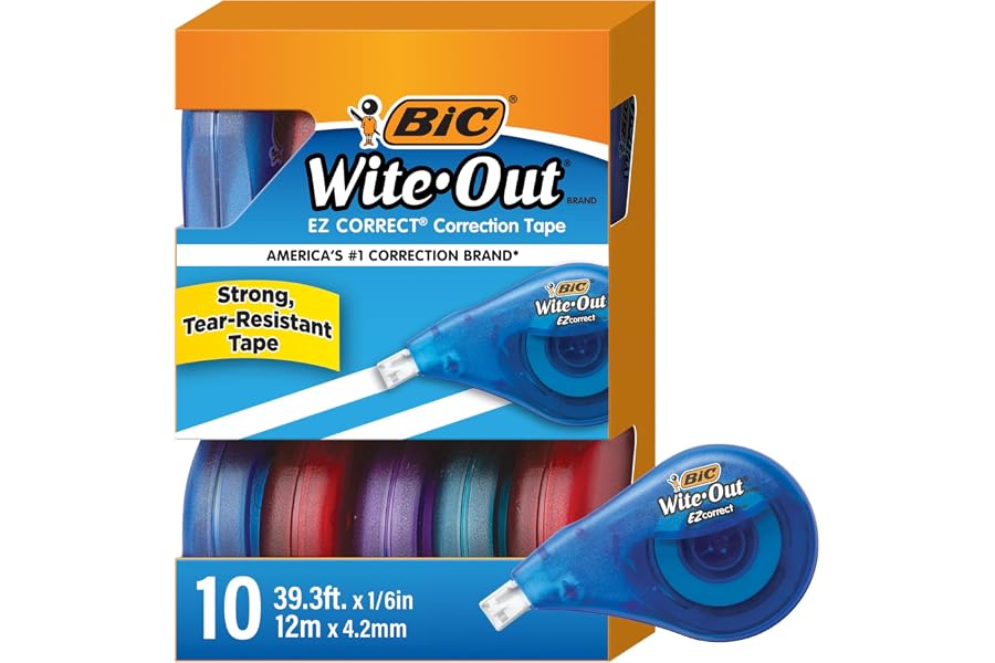 BIC Wite-Out EZ Correct Tear-Resistant Correction Tape, 39.3 ft, 10 Count | White Correction Tape, Smooth Skip-Free Coverage,