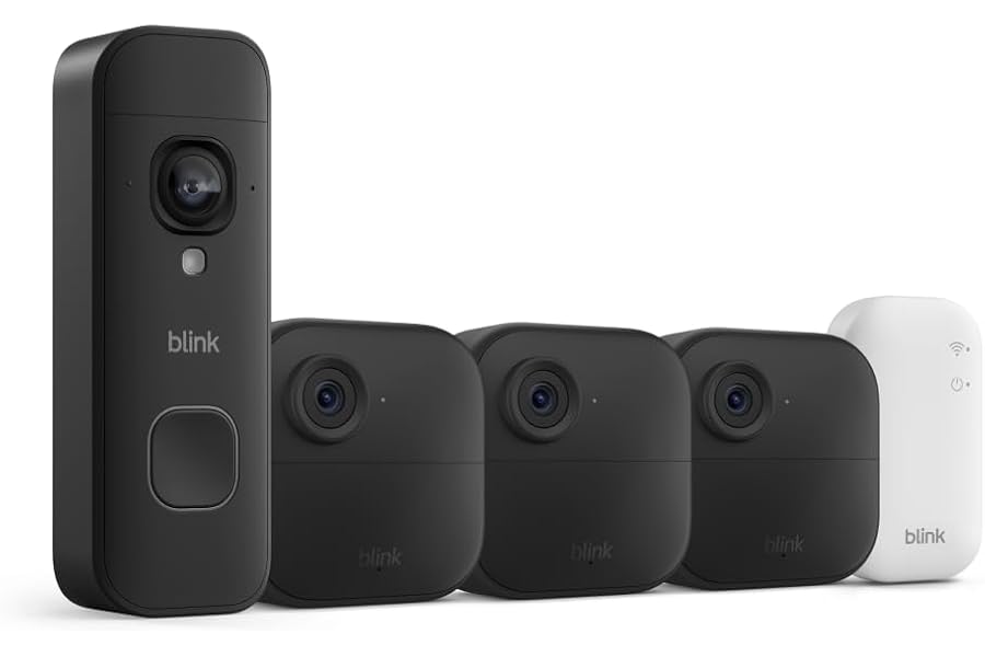 Blink Outdoor 4 and Battery Doorbell 2K+ (newest model) — Two-year battery 1080p cameras and 2K battery doorbell. Sync Module Core included — 3 Cameras + Doorbell (Black)