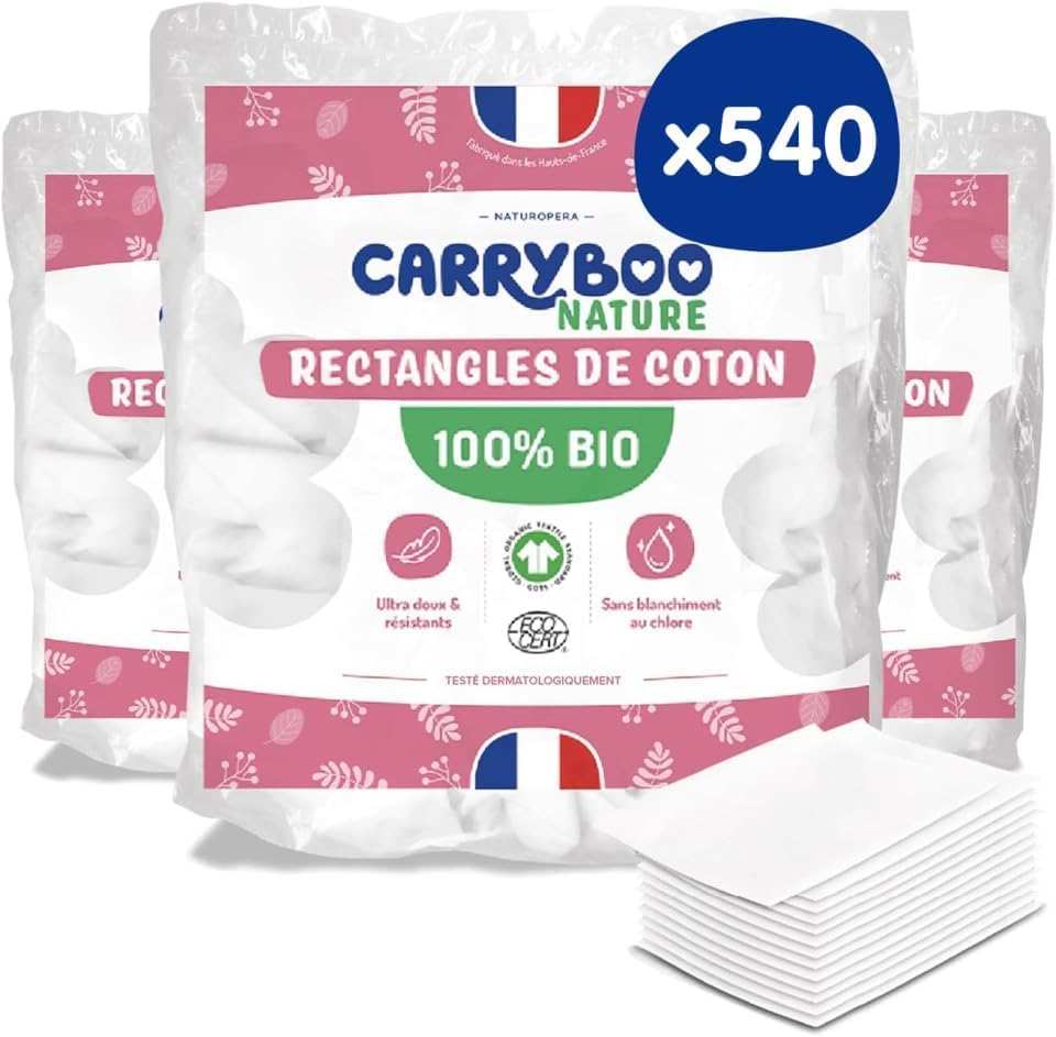 CARRYBOO - 540 Coton Pads Bébé 100% Bio - Ultra Doux pour Peaux Sensibles | Hypoallergénique - Change & Toilette - Fabriqués en France