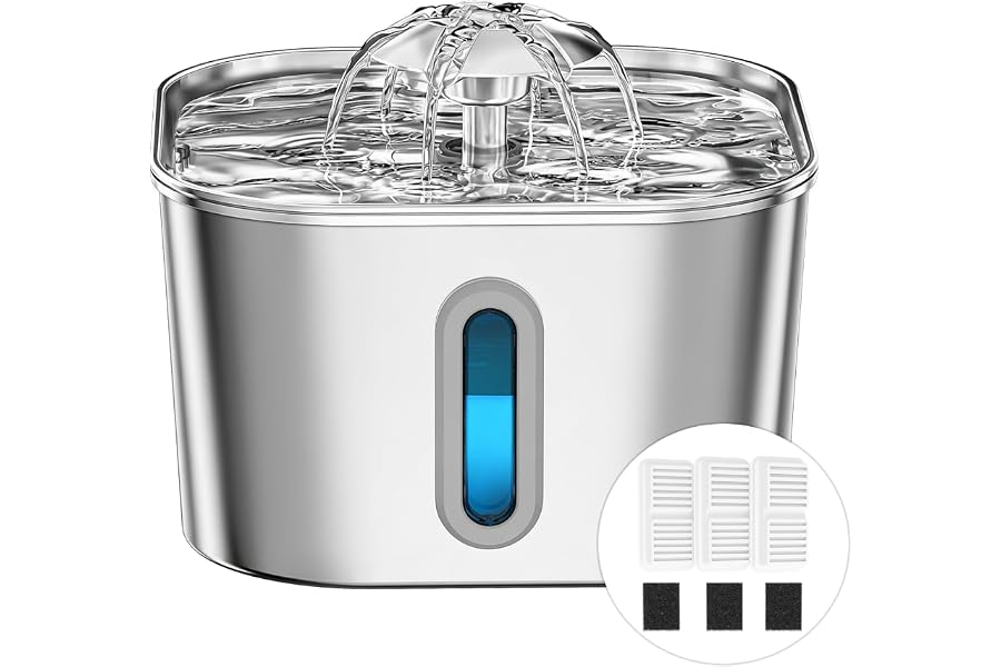 Cat Water Fountain Stainless Steel 74oz/2.2L with 3 Filters & 3 Sponges | Indoor Pet Water Dispenser-Automatic Silent Small D