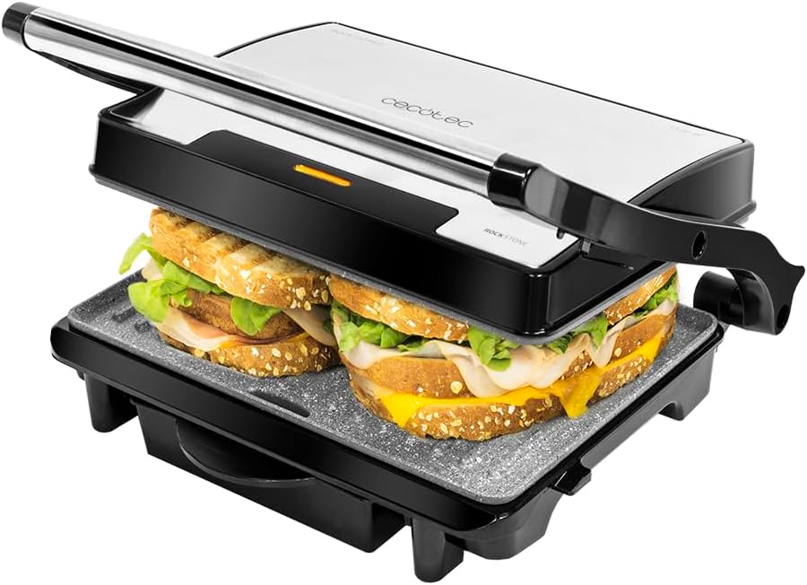 Cecotec Grelha Elétrica Rock'Ngrill 1500 Rapid, 1500 W, Revestimento de Pedra Rockstone, Placa Superior Ajustável em Altura, Bandeja Coletora de Gordura, 12,4X30,8X33,2 Cm