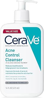 CeraVe Acne Control Cleanser, Face Wash with 2% Salicylic Acid, 16 oz | Skin Care with Niacinamide, Acne Face Wash, Acne Treatment For Face, Ceramides, Fragrance Free, Gentle, Oil Absorbing Clay