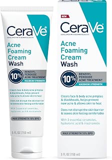 CeraVe Acne Foaming Cream Wash, 10% Benzoyl Peroxide Facial Cleanser, 5oz