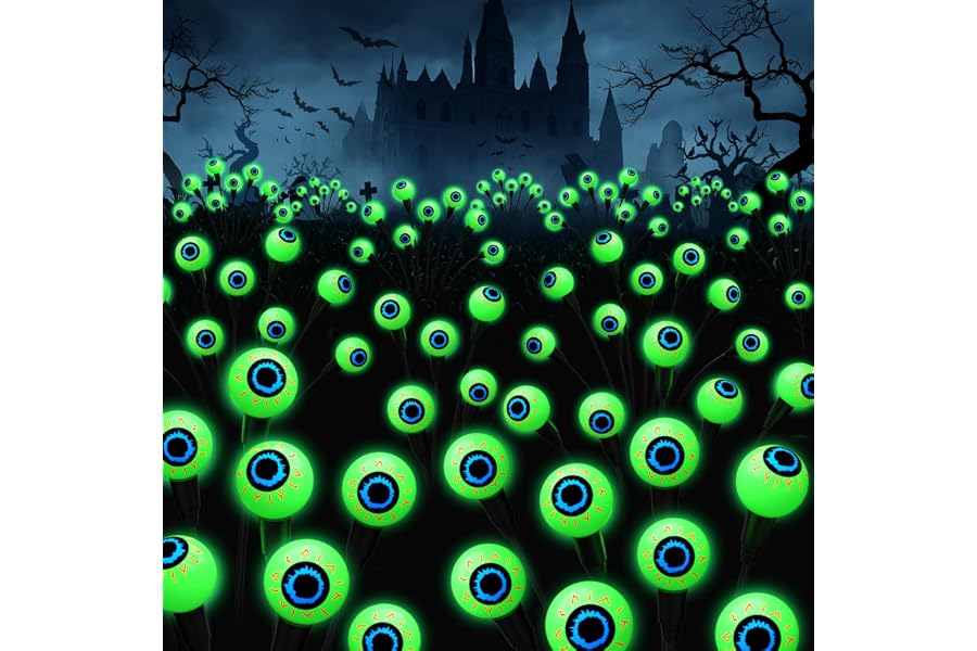 Cnuoky Halloween Decorations Outdoor, 6Pack 48 LEDs Solar Eyeball Lights | Swaying Halloween Lights, IP65 Waterproof Solar Path Lights for Garden, Patio, Yard, Walkway and Outdoor Party Decor(Green)