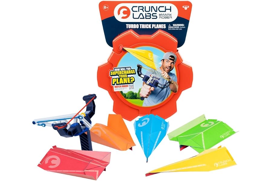 CrunchLabs by Mark Rober, Turbo Trick Paper Airplane, Fold, Launch, Fly | Launcher kit with 5 flight designs, 3 power bands, and QR how-to videos for experimenting with airplanes