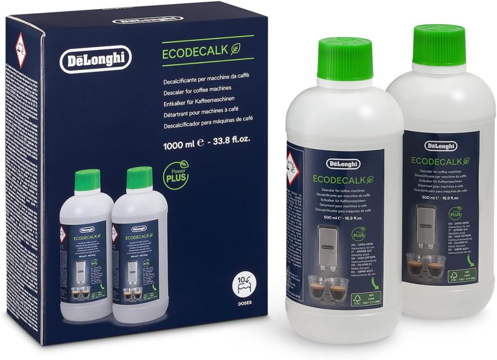 De'Longhi EcoDecalk - Descalcificador para Cafeteras 10 Dosis | Solución Descalcificadora, Fórmula de Origen Vegetal, Mantenimiento de Cafeteras, 2 Botellas de 500ml, Biodegradable, DLSC502