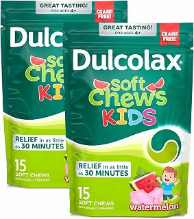 Dulcolax Kids Saline Laxative Soft Chews, Stimulant-Free Laxatives, Gentle Constipation Relief for Kids, Softens Stool, Watermelon Flavor, Magnesium Hydroxide 1200 mg, 15 Count (Pack of 2)