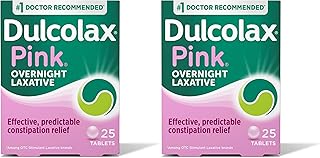 Dulcolax Pink Stimulant Laxative Tablets, Overnight Laxative, Predictable & Effective Constipation Relief, Relieves Straining & Bloating, Bisacodyl 5 mg, 25 Count (Pack of 2)