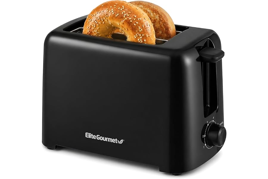 Elite Gourmet 2-Slice Cool-Touch Toaster, 1.25" Extra-Wide Slots, 6 Shades | Black, Cancel, Bagels & Thick Bread, ECT1027B