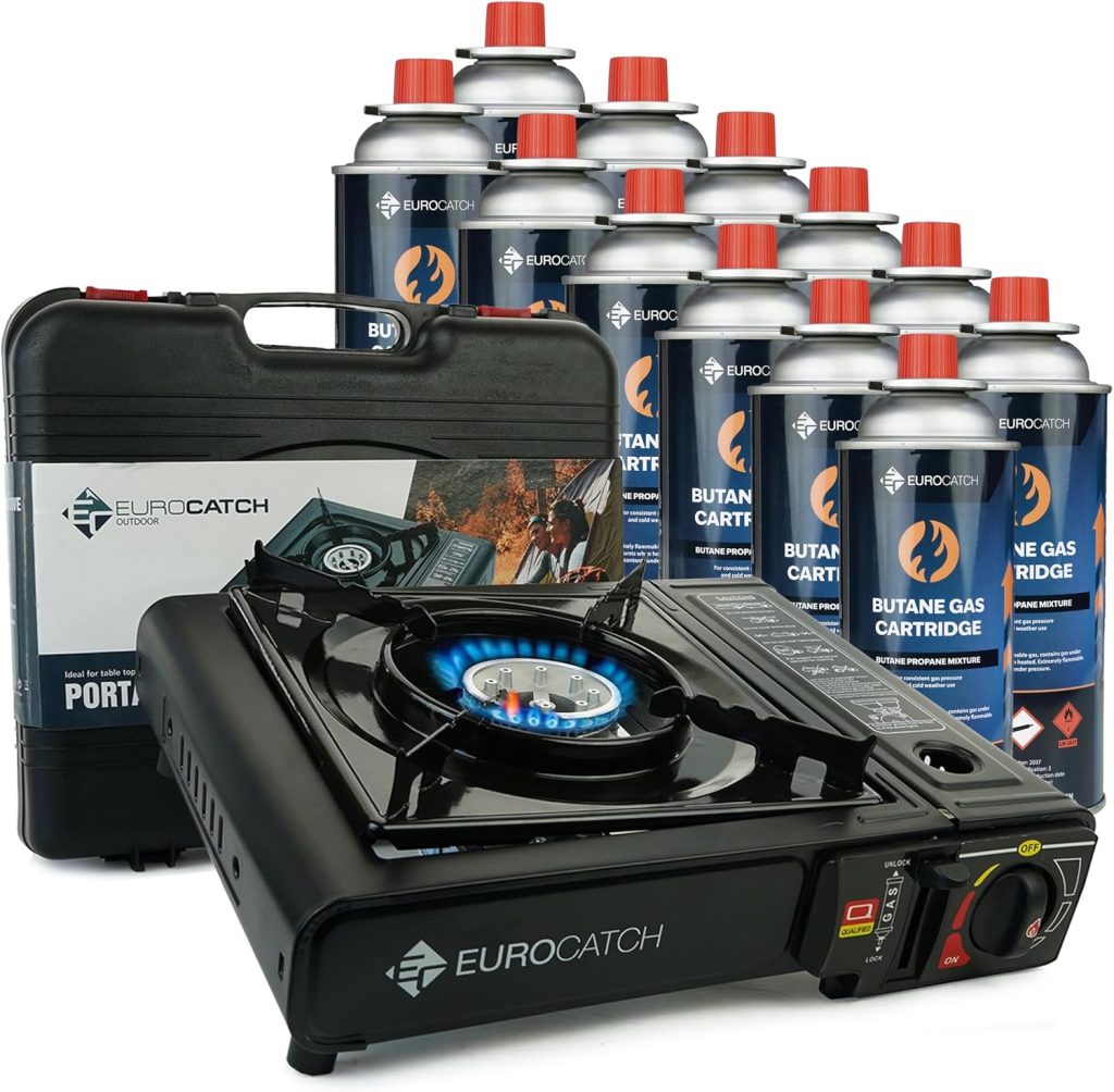 Eurocatch Cuisinière à gaz - Incl 12 cartouches de gaz - Poêle à gaz - Réchaud de camping - Broche à gaz - Cuisinière - cooker - Valise de transport