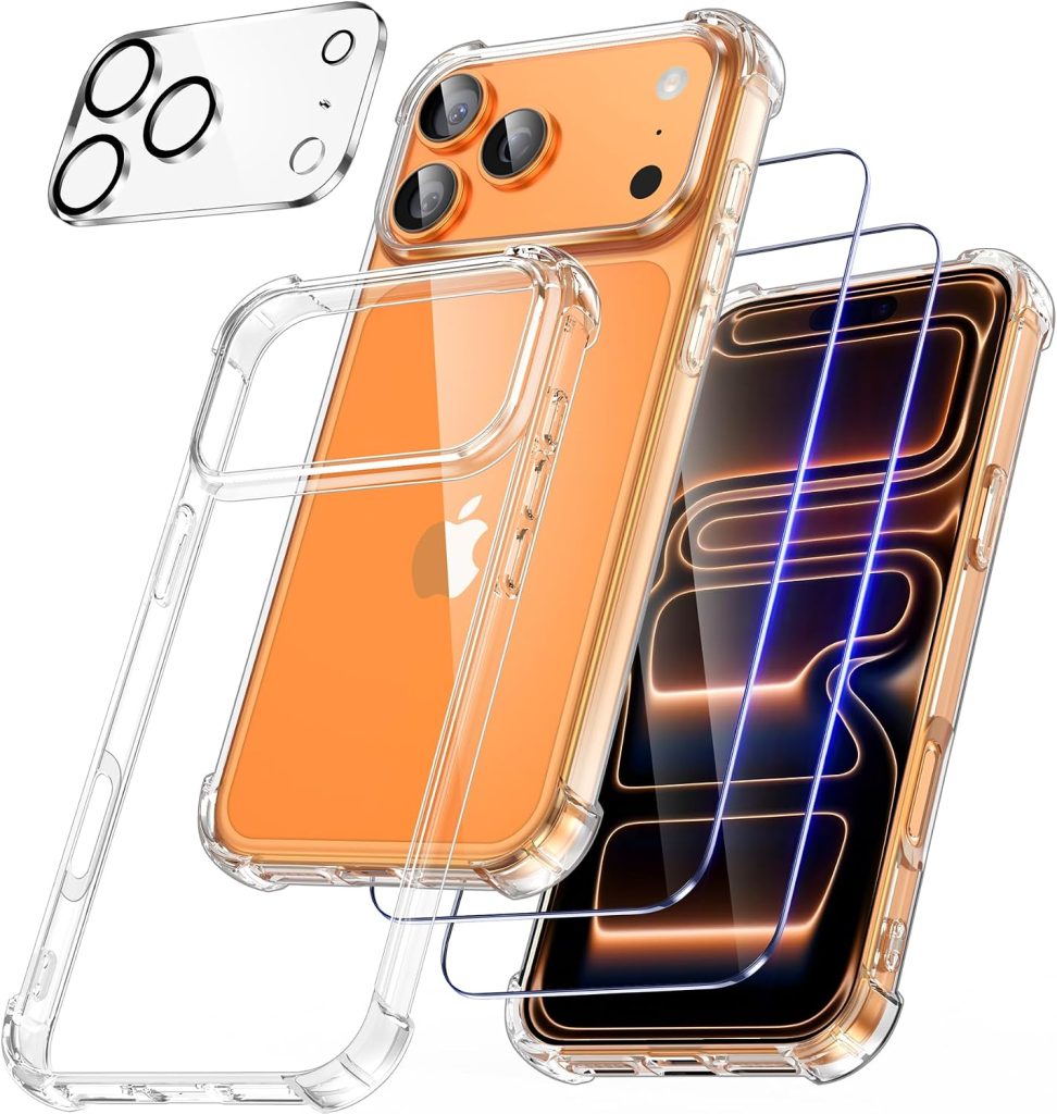 FLLAO 4 en 1 Coque pour iPhone 17 Pro 6.3", Transparent | 2 Verre Trempé et 1 Caméra Protecteur, Coussin d'air Intégré, Antichoc Antirayures Bumper Protection