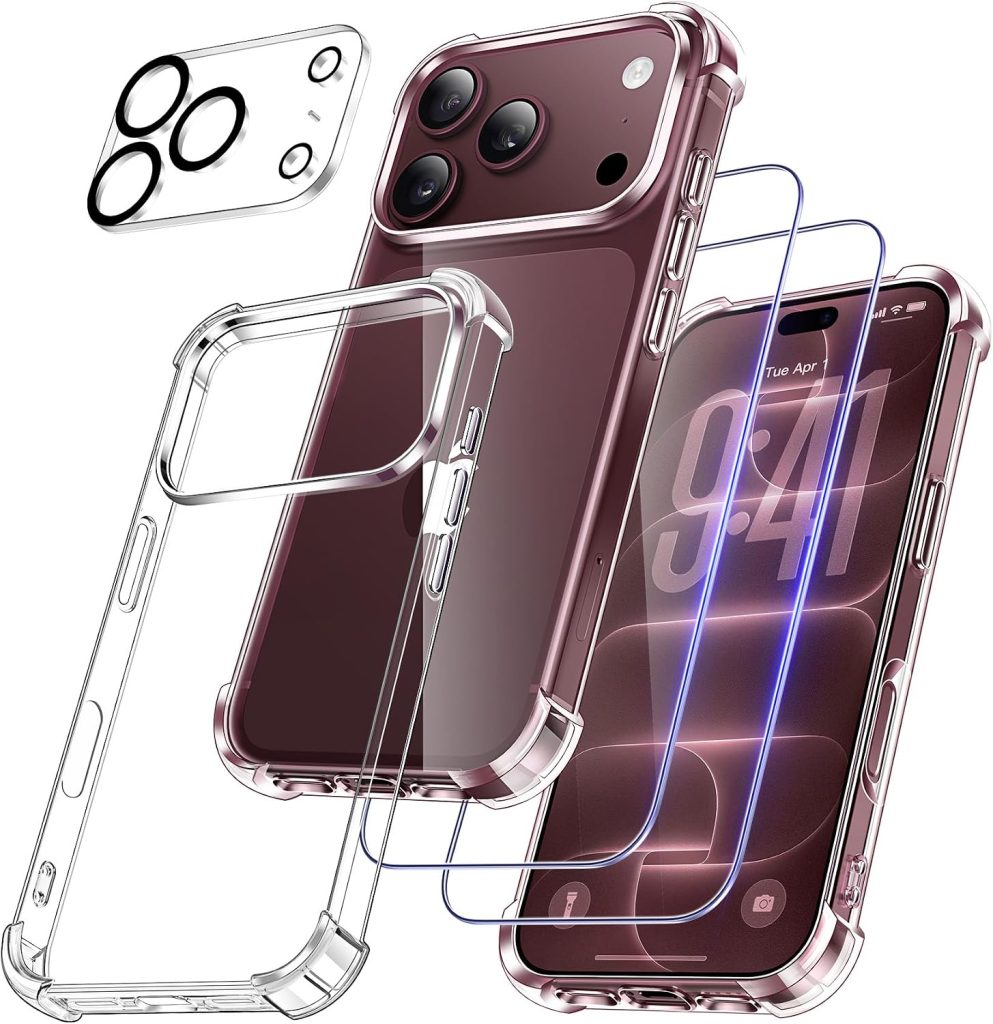FLLAO 4 en 1 Coque pour iPhone 18 Pro 6.3", Transparent | 2 Verre Trempé et 1 Caméra Protecteur, Coussin d'air Intégré, Antichoc Antirayures Bumper Protection