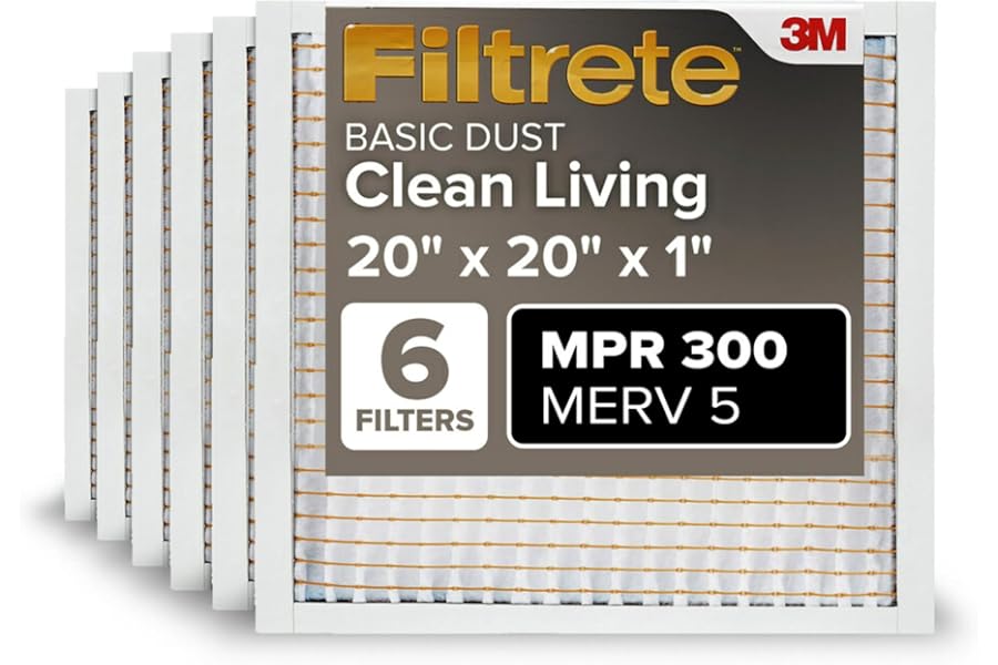 Filtrete 20x20x1 Air Filter, MERV 5, MPR 300, 6 HVAC Filters | Basic Dust & Lint, 3-Month AC/Furnace Filters, Cleaner Air, Reliable Airflow, (Act. Size 19.69x19.69x0.81 in)