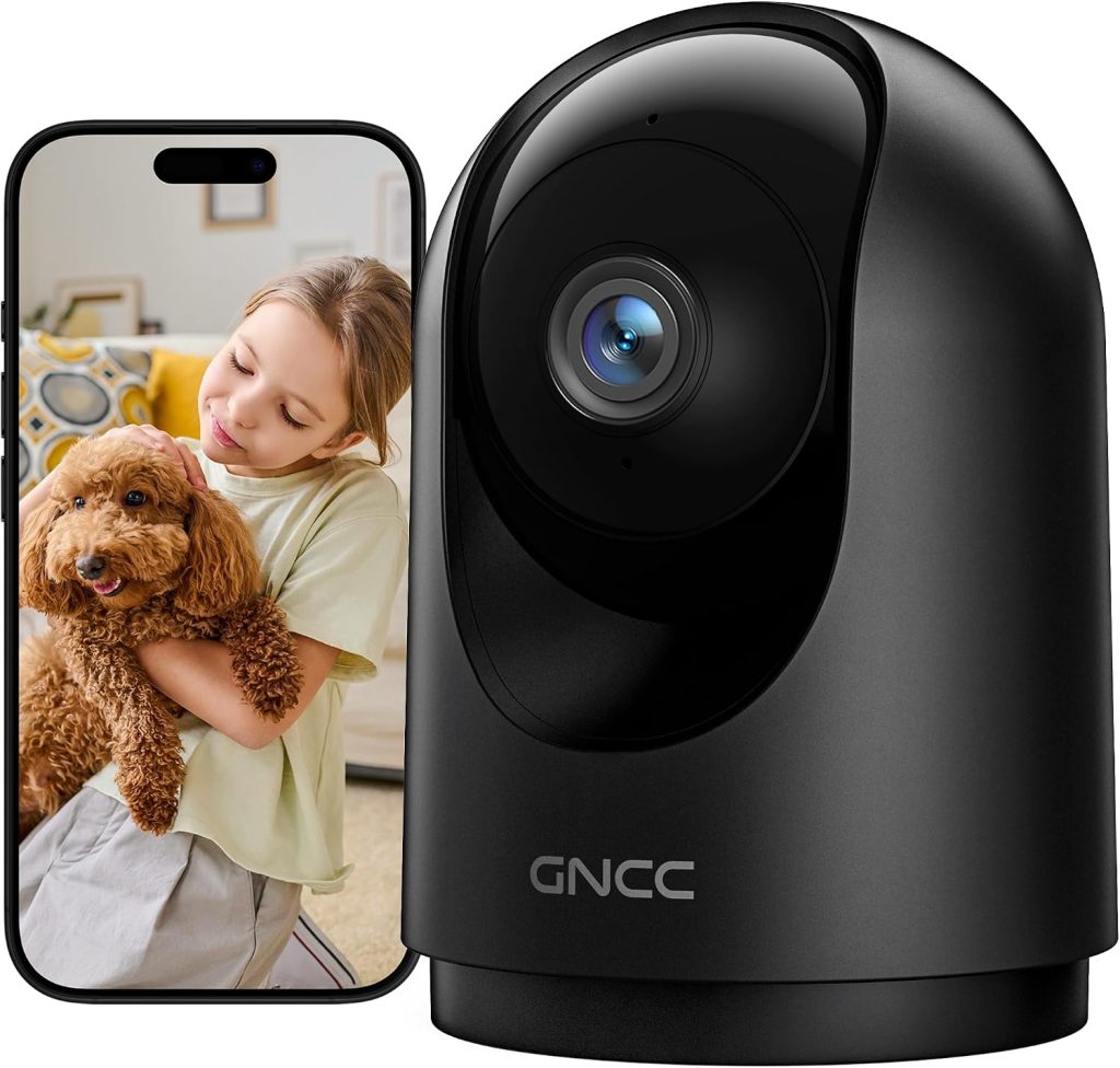 GNCC Cámara Vigilancia WiFi Interior 2K 3MP 2.4/5GHz Visión Nocturna 1 Pack | Negro, Monitor Bebés y Mascotas, SD/Cloud, 360°, Detección Movimiento e IA, Audio Bidireccional, Modo Privado, Alarma