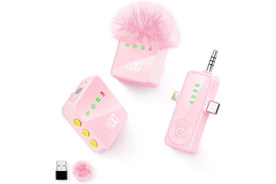 Gicorino 3 in 1 Wireless Lavalier Microphone for iPhone Android Camera-Pink | Mini Mic with Digital Display & Noise Reduction, 20H Battery Life, Mics for Video Recording, TikTok, YouTube, Vlogging